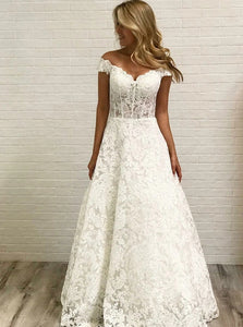 Off Shoulder Sleeveless Lace Wedding Dresses, A-line Lace Bridal Gown OW633