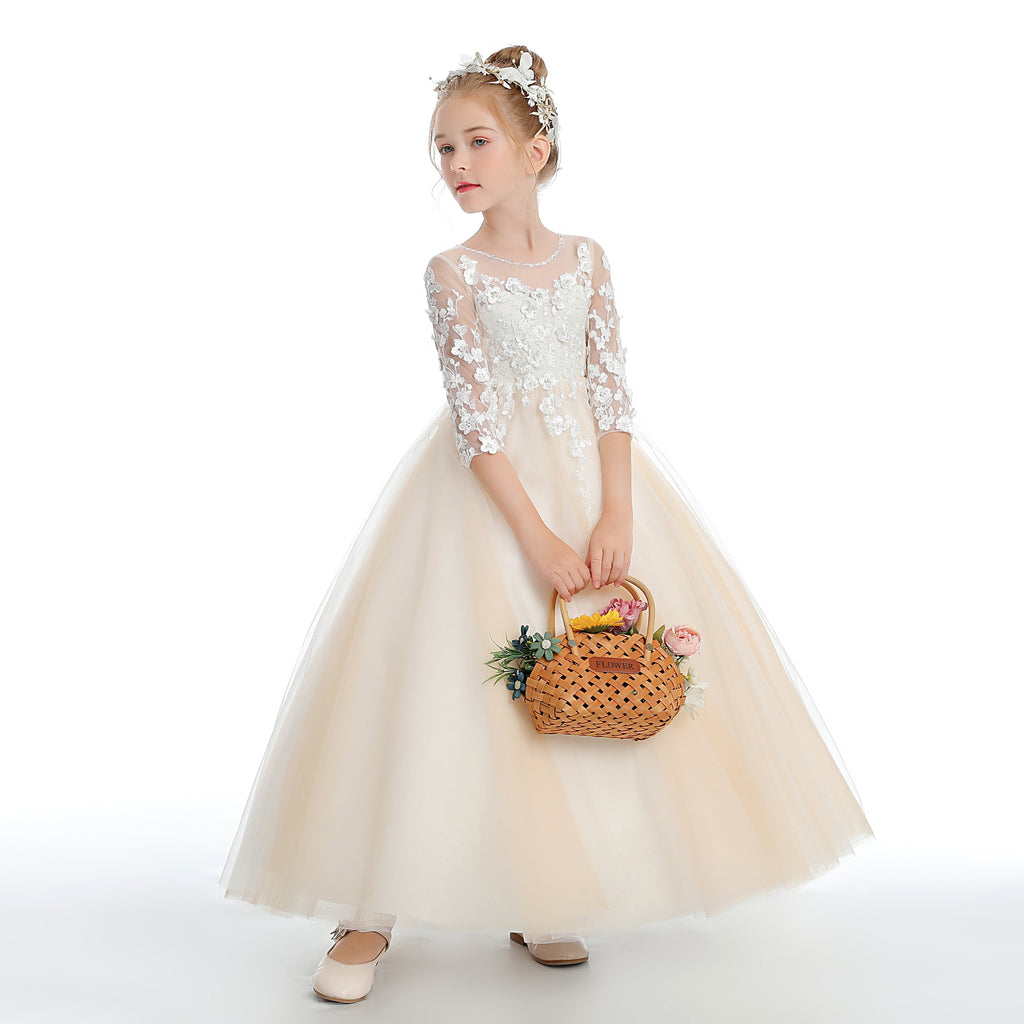 Half Sleeves Champagne Floor Length Tulle Flower Girl Dress With Lace
