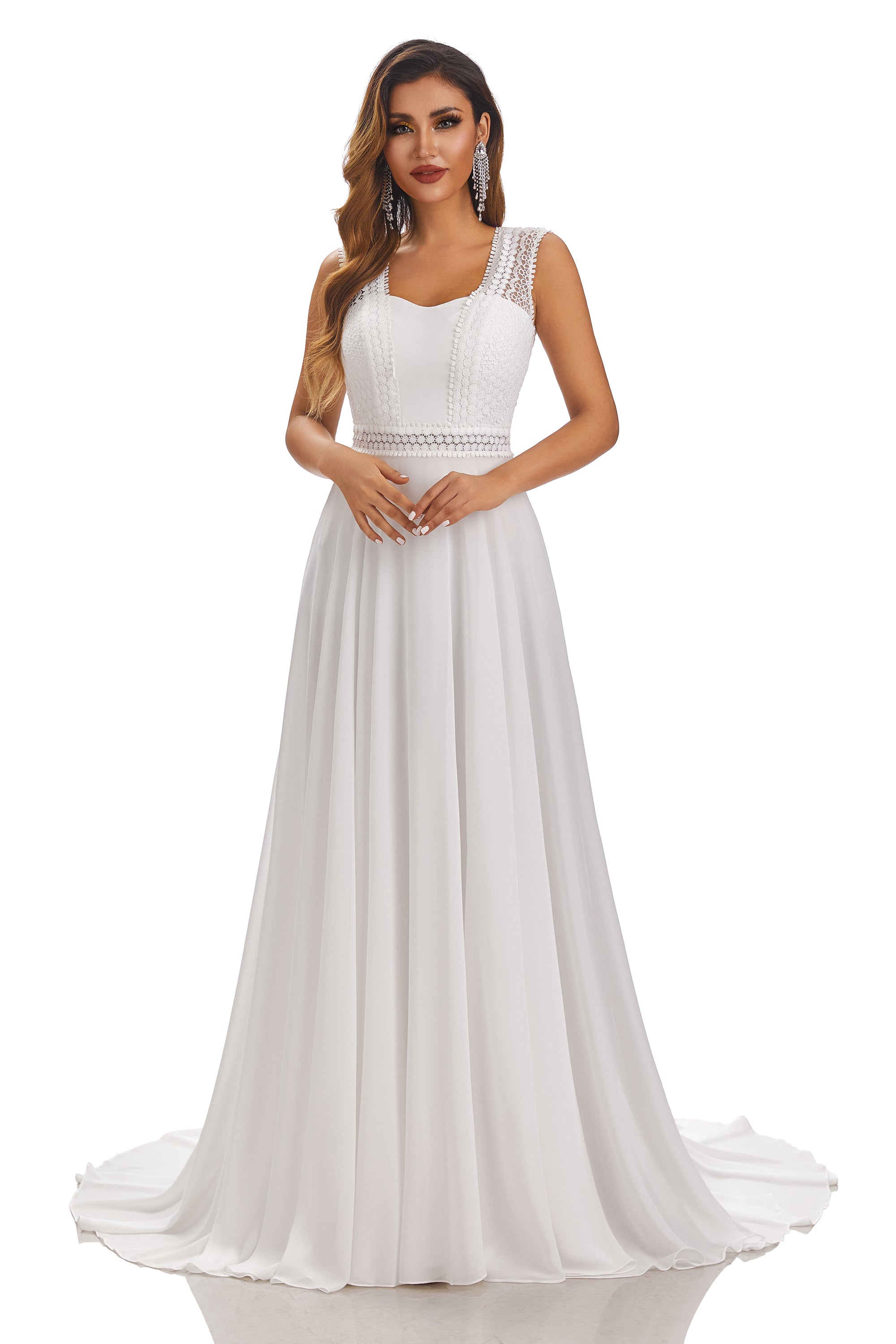 Simple A-Line Sleeveless Chiffon Wedding Dress With Lace Appliques