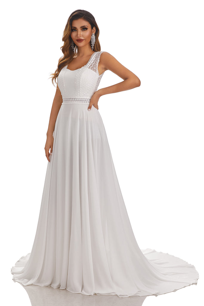 Simple A-Line Sleeveless Chiffon Wedding Dress With Lace Appliques