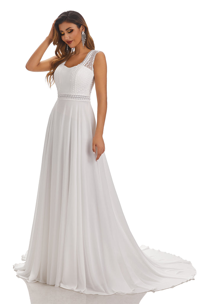 Simple A-Line Sleeveless Chiffon Wedding Dress With Lace Appliques