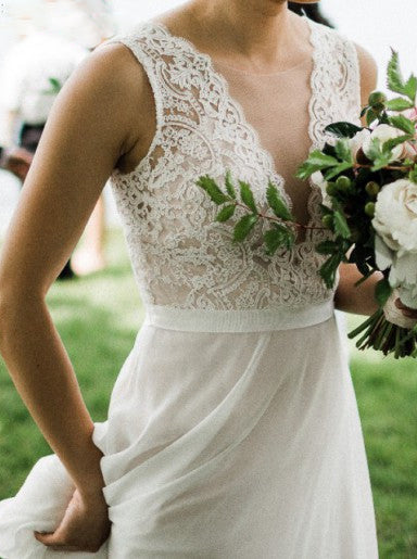 A-line Sheer Round Neckline Lace Chiffon Beach Wedding Dress OW581