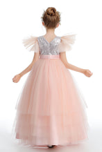 Pink Ruffles Silver Tulle Flower Girl dress With Beading Sequins