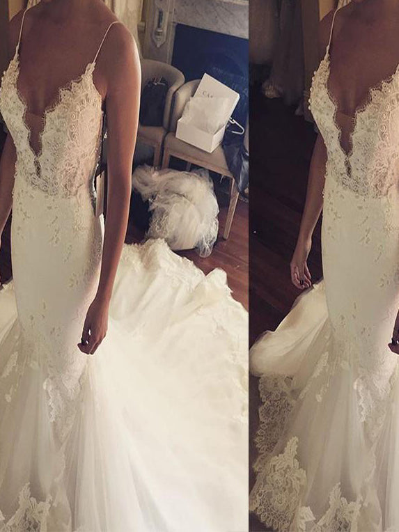 Lace Trumpet/Mermaid Spaghetti Straps Tulle Wedding Dress OW258