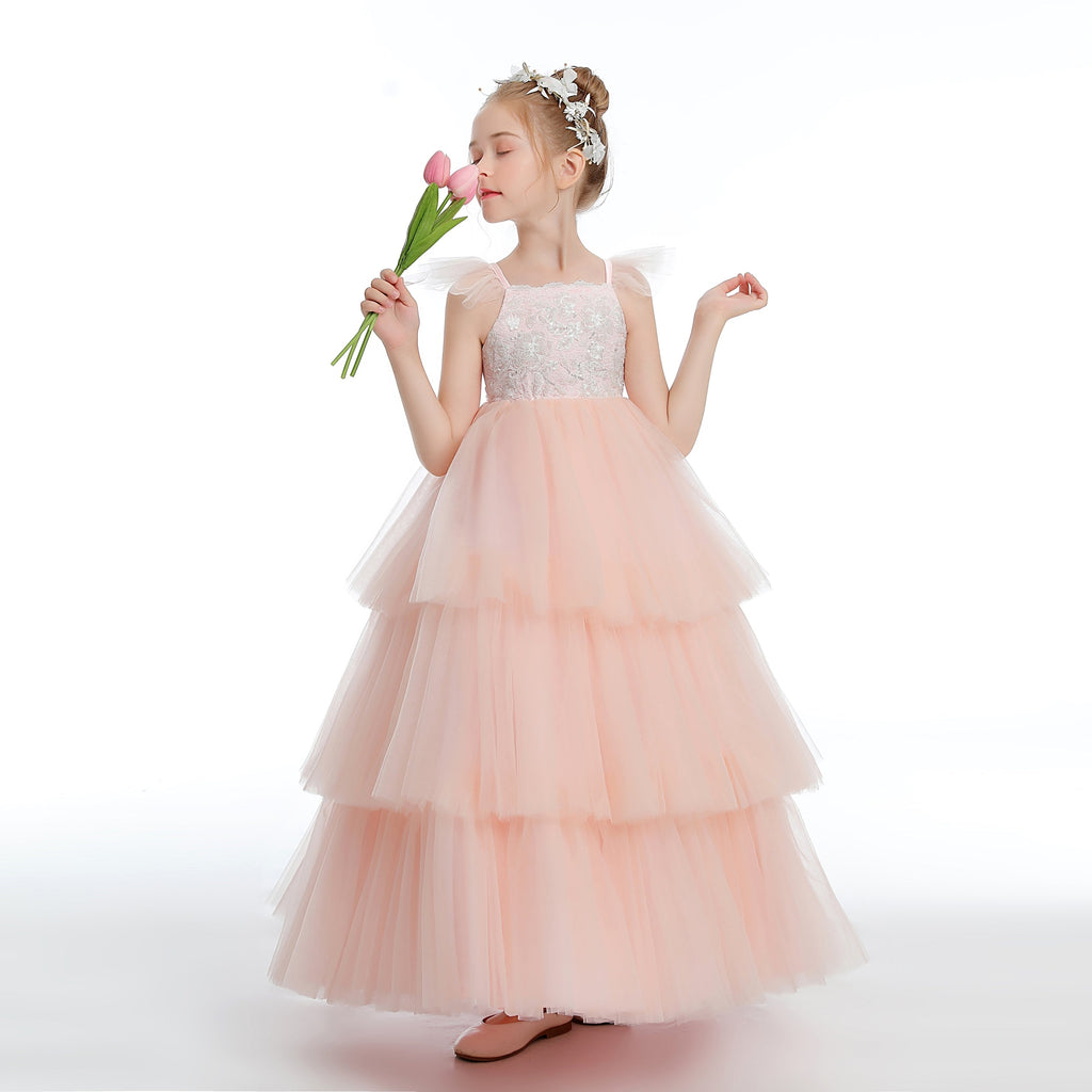 Layered Tulle Pink Ruffles Flower Girl Dress With Bowknot