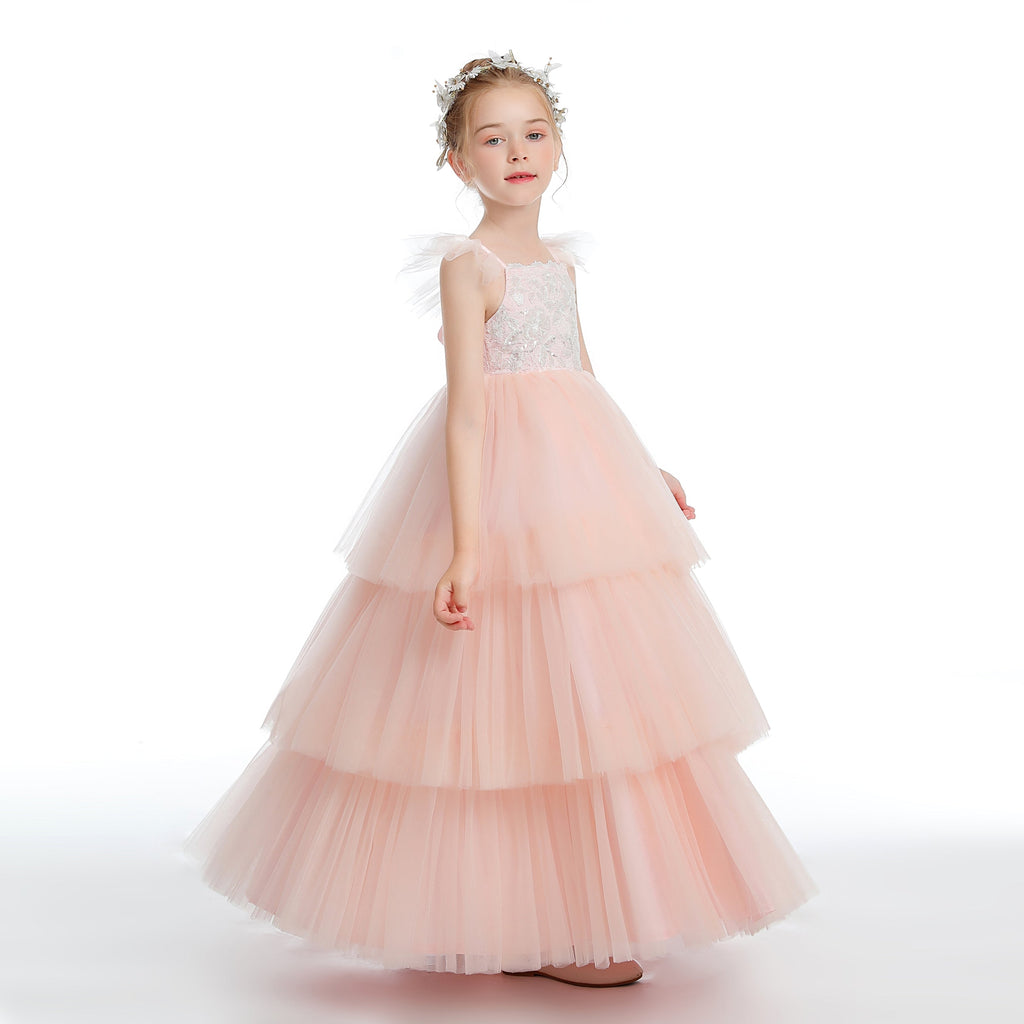 Layered Tulle Pink Ruffles Flower Girl Dress With Bowknot