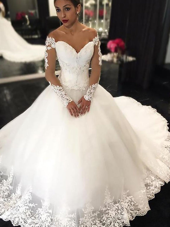 Off-Shoulder Long Sleeves Ball Gown Applique Tulle Wedding Dress OW269