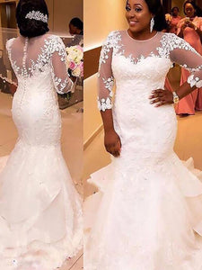 Trumpet/Mermaid 3/4 Sleeves Sheer Scoop Lace Applique Tulle Plus Size Wedding Dress OW270