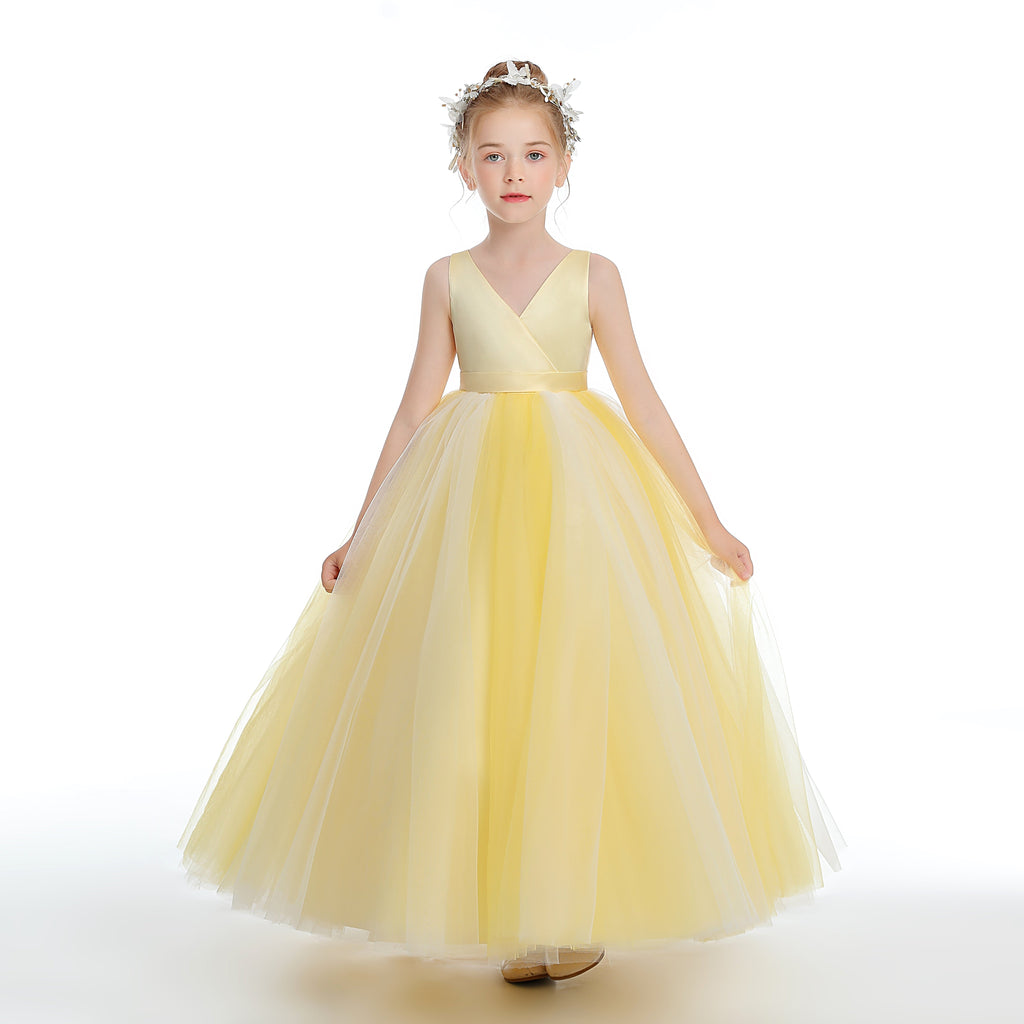 Yellow Sleeveless V Neck Tulle Flower Girl Dress