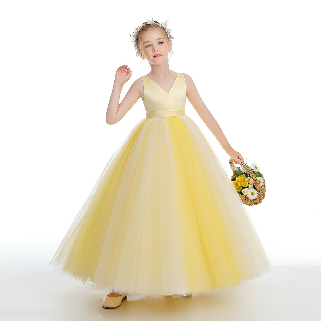 Yellow Sleeveless V Neck Tulle Flower Girl Dress