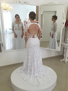 Long Sleeves Sheath/Column Lace Scoop Open Back Wedding Dress OW271