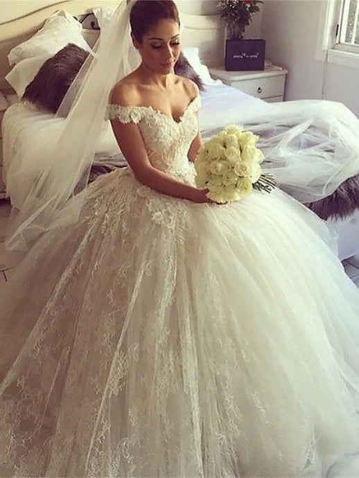 Off-the-Shoulder Lace Ball Gown Court Train Wedding Dress OW273