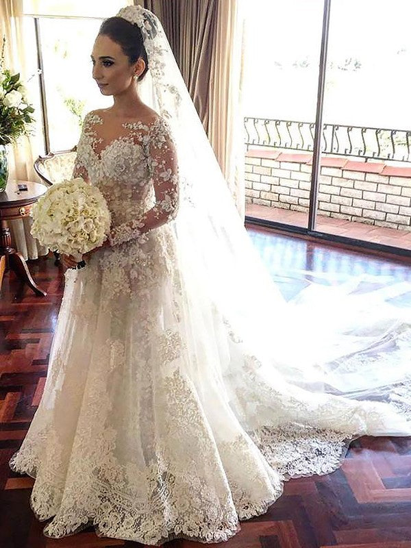 A-Line/Princess Lace Long Sleeves Bateau Tulle Wedding Dress OW275