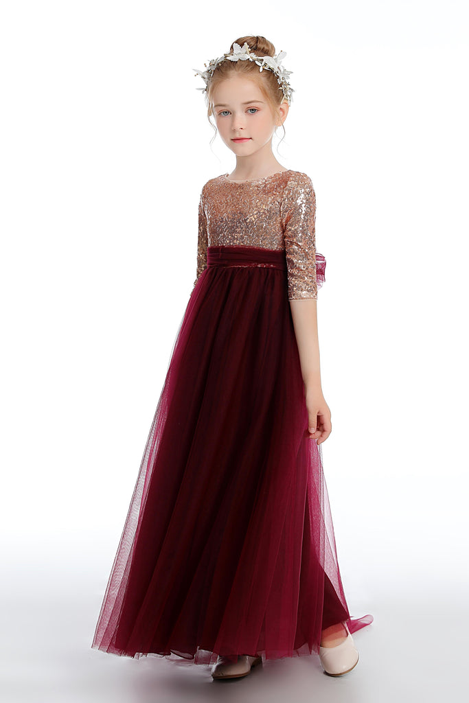 Cute Tulle Burgundy Sequins A-Line Flower Girl Dress