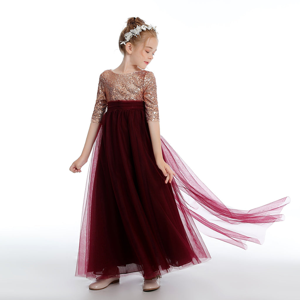 Cute Tulle Burgundy Sequins A-Line Flower Girl Dress