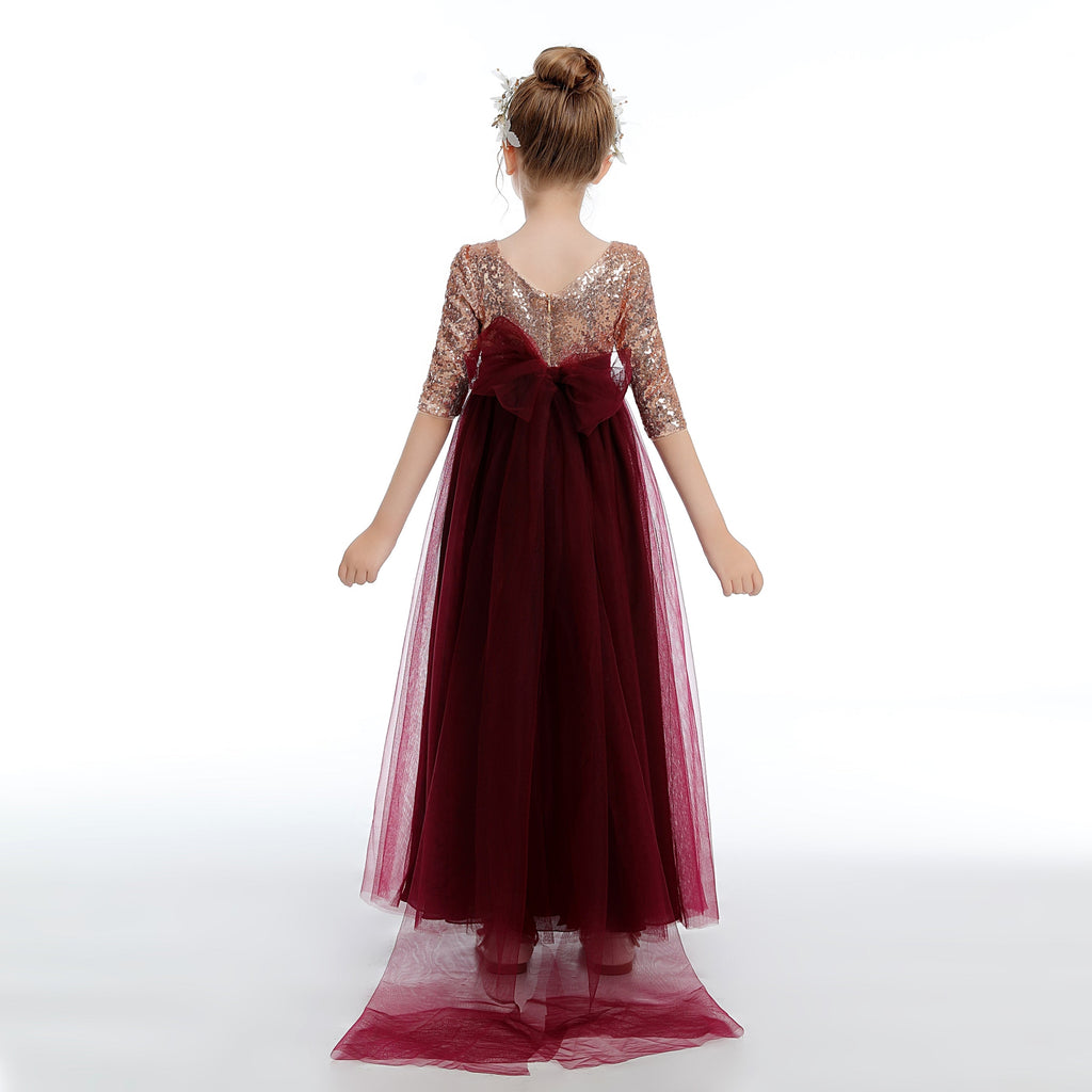 Cute Tulle Burgundy Sequins A-Line Flower Girl Dress