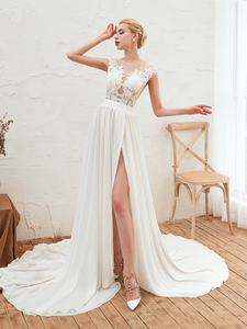 Lace Bateau Long Chiffon Side Split Wedding Dresses AS23347