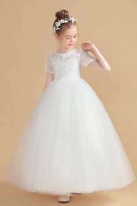 Ivory Short Sleeves Tulle Flower Girl Dresses With Lace Appliques