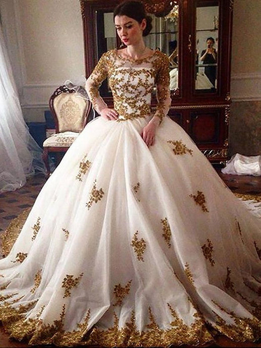 Long Sleeves Scoop Gold Applique Ball Gown Tulle Wedding Dress OW274