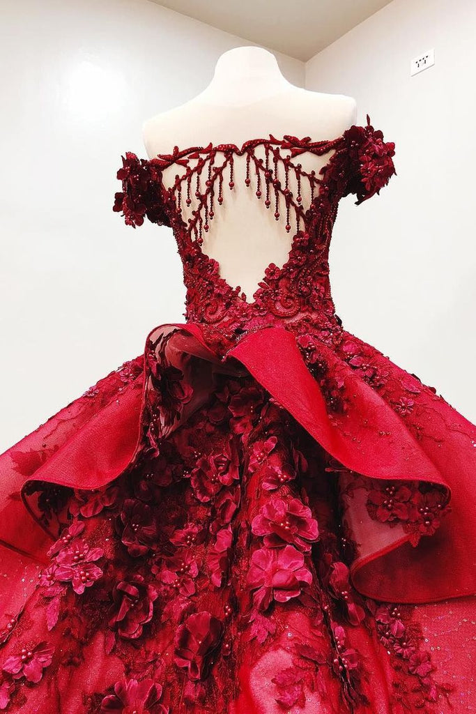 Ball Gown Quinceanera Dress Burgundy Beading Prom Dress With 3D Appliques OP728