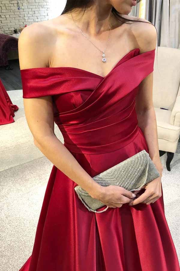 Elegant Off-the-Shoulder Burgundy Satin Prom Dress With Ruched OP737