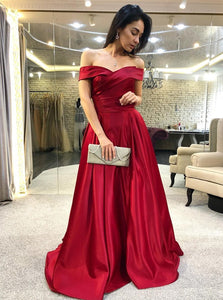 Elegant Off-the-Shoulder Burgundy Satin Prom Dress With Ruched OP737