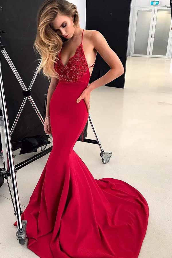 Sexy Mermaid Spaghetti Straps Evening Gown Prom Dress with Beading OP702