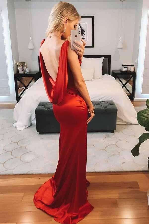Sexy Mermaid Red V-Neck Cowl Back Prom Dress Evening Dress with Split