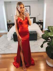 Sexy Mermaid Red V-Neck Cowl Back Prom Dress Evening Dress with Split