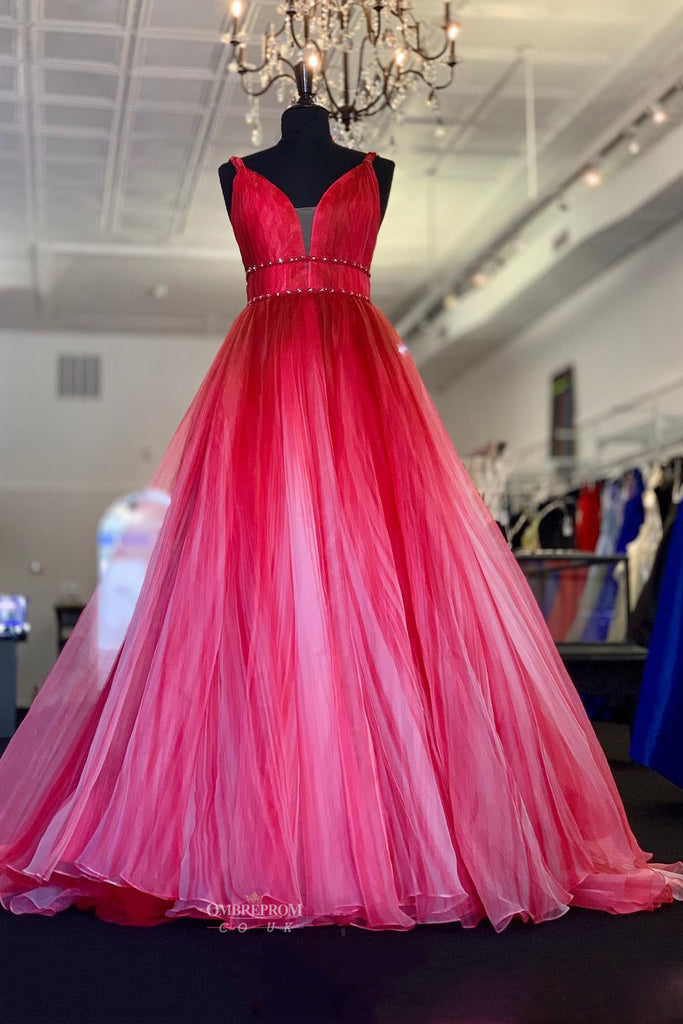 New Red Ombre A-line V-neck Long Prom Dress with Beading