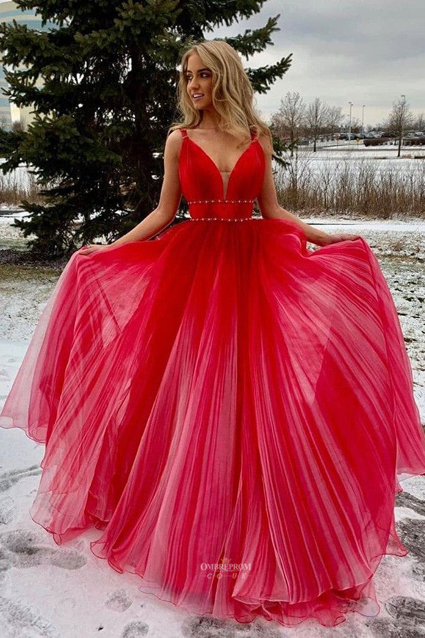 New Red Ombre A-line V-neck Long Prom Dress with Beading