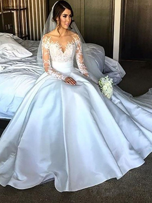 Charming Long Sleeves Court Train Satin Ball Gown Wedding Dress OW303