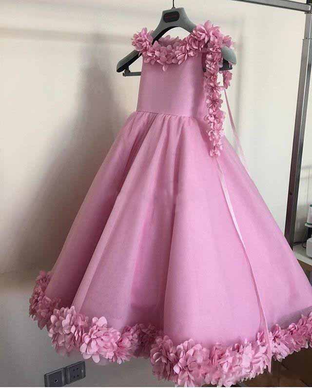 Cute Jewel Neck Ball Gown Hot Pink Flower Girls Dress With 3D Floral Appliques OF128