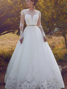 Long Sleeves Sheer Bateau Neckline Ball Gown Tulle Floor-Length Wedding Dress OW306