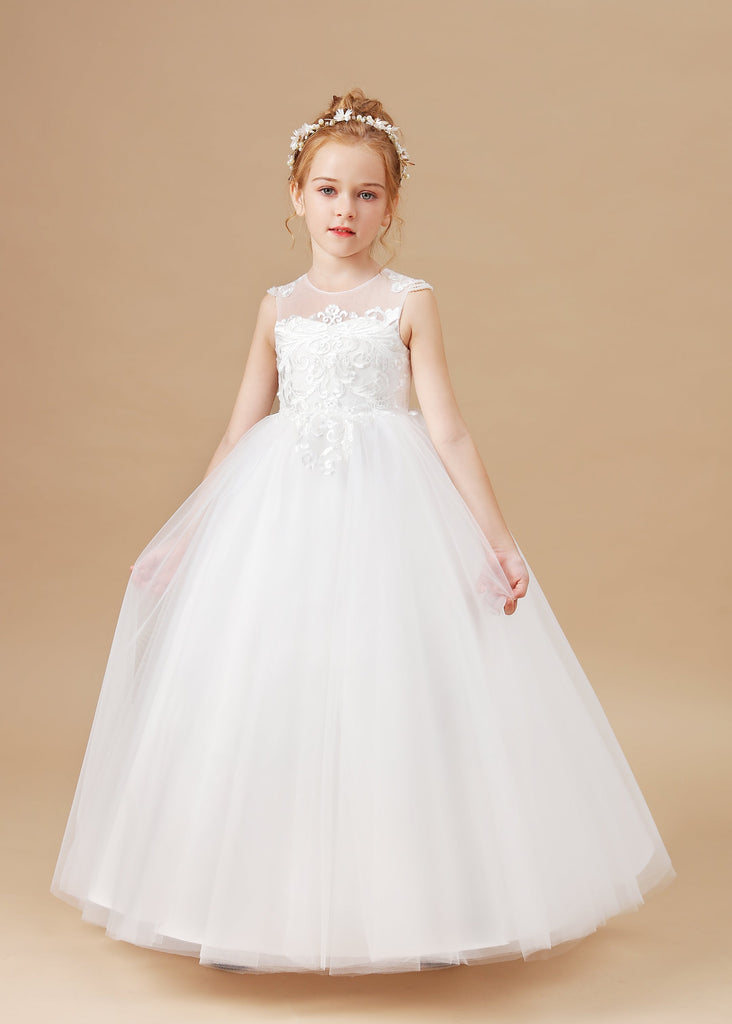Round Neck Cute Ivory Tulle Long Flower Girl Dress With Lace