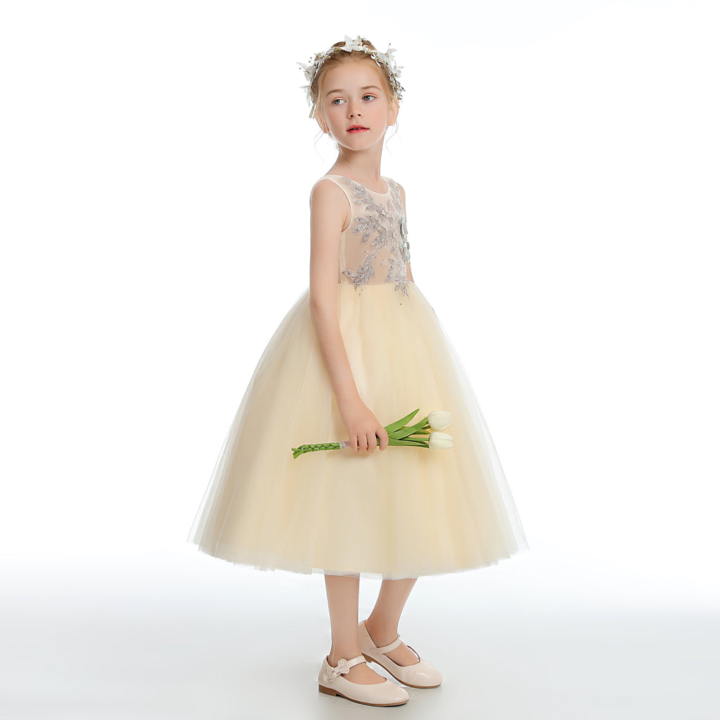 Tulle Daffodil Sleeveless V Back Flower Girl Dress