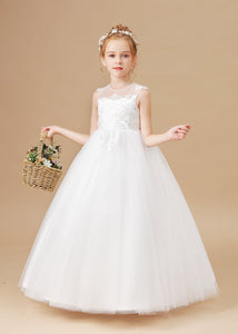 Round Neck Cute Ivory Tulle Long Flower Girl dress With Lace