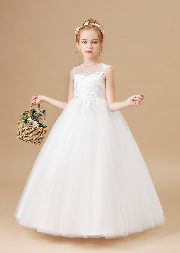 Round Neck Cute Ivory Tulle Long Flower Girl Dress With Lace