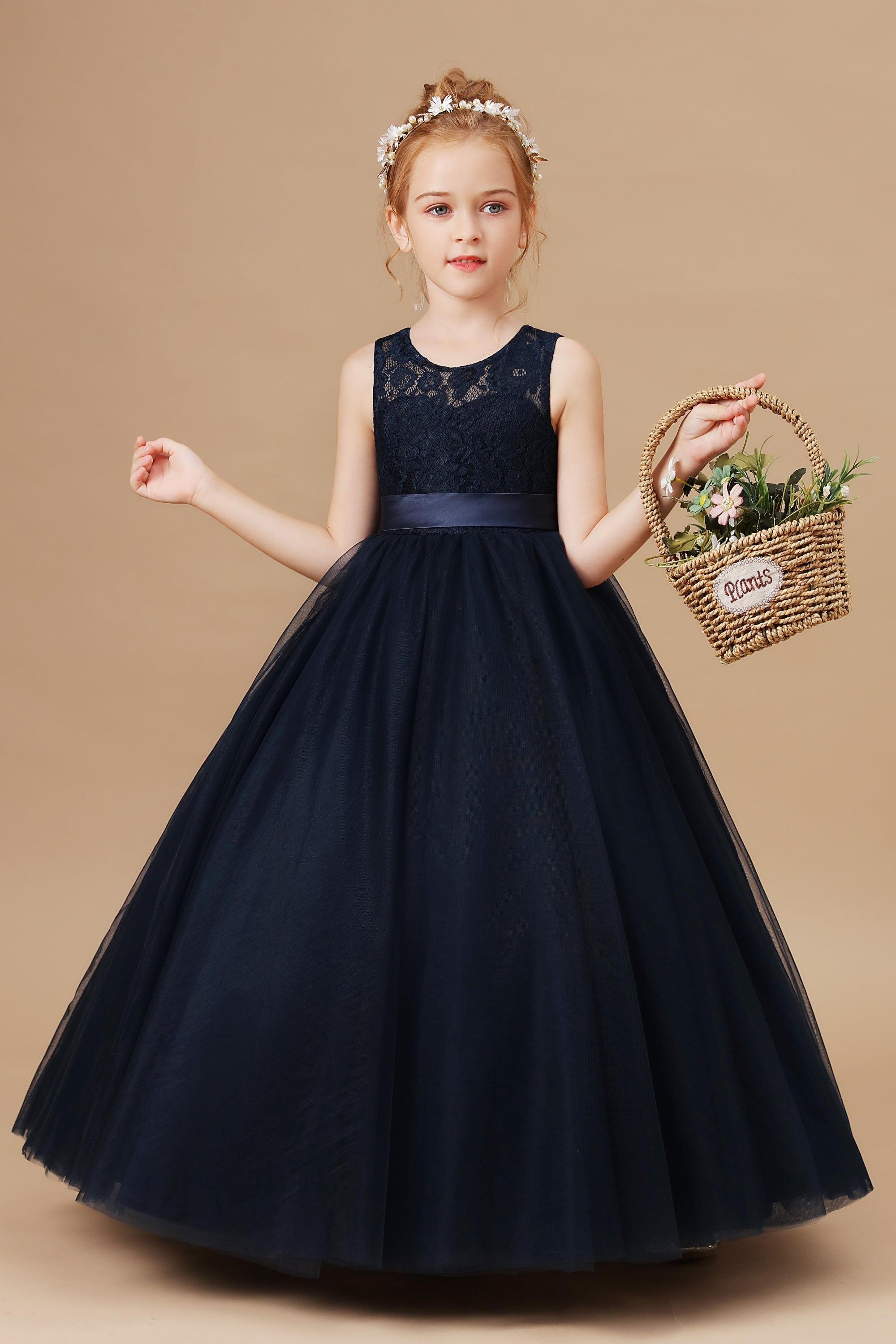 Lace Tulle Black Stain-Sash Pretty Flower Girl Dresses With Bownot