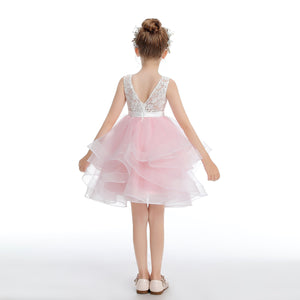 Pink Tulle Layered  V Back Flower Girl dress