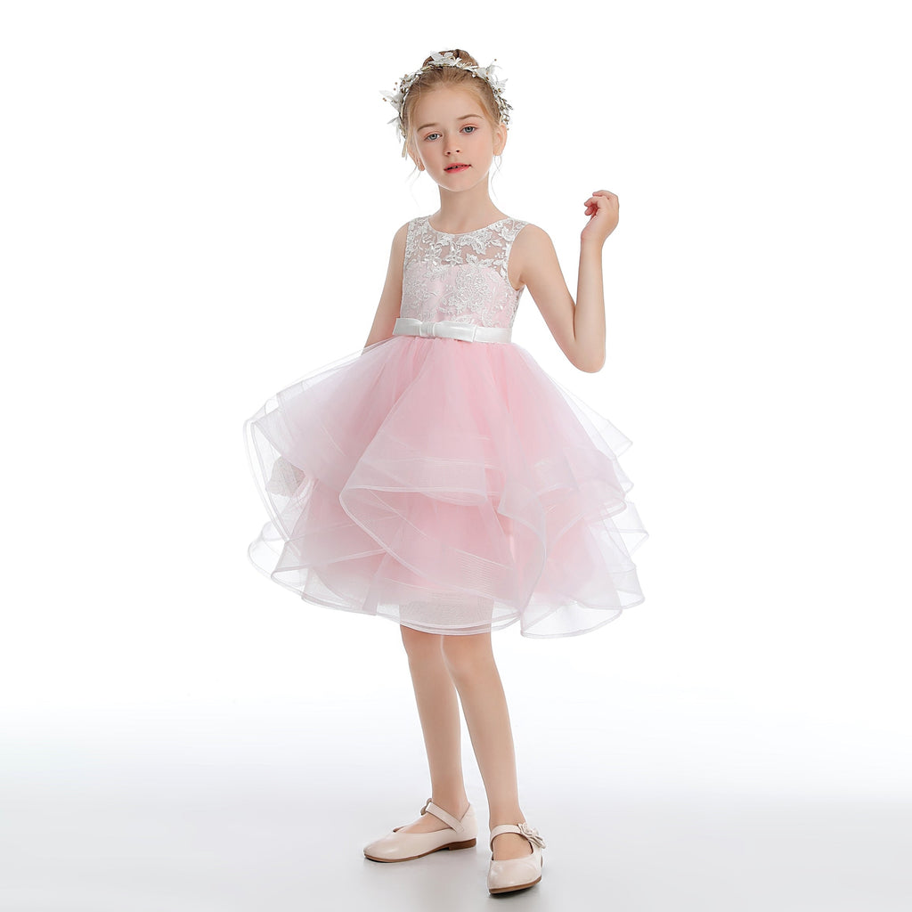 Pink Tulle Layered  V Back Flower Girl Dress