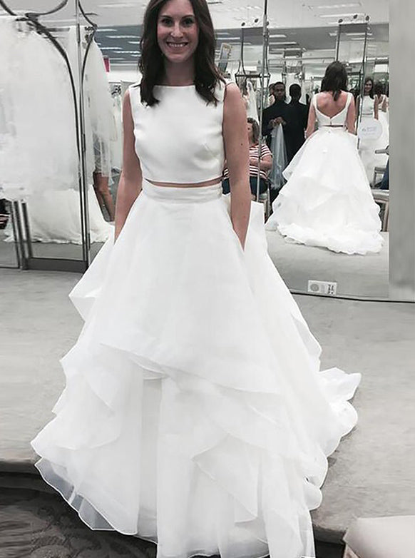 Modest A-Line/Princess Bateau Chiffon Ruffles Two Piece Wedding Dress OW300