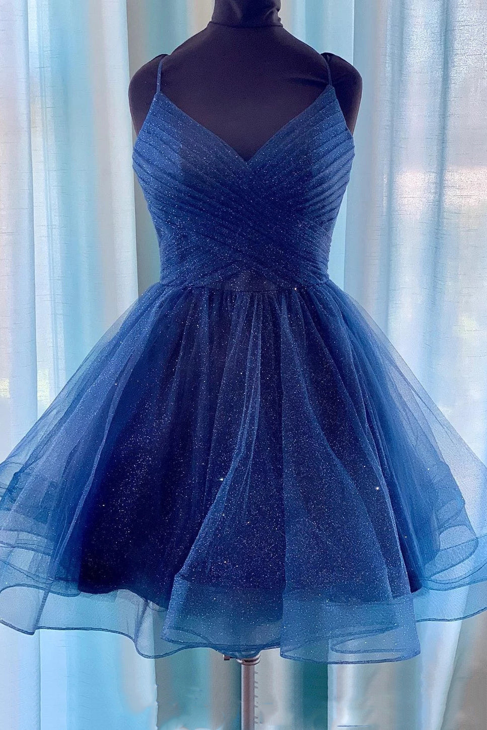 Sparkly Navy Blue Homecoming Dress, V-neck Short Prom Dress OM477