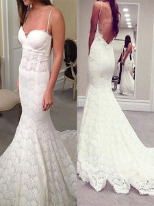 Trumpet/Mermaid Spaghetti Straps Lace Backless Wedding Dress OW285