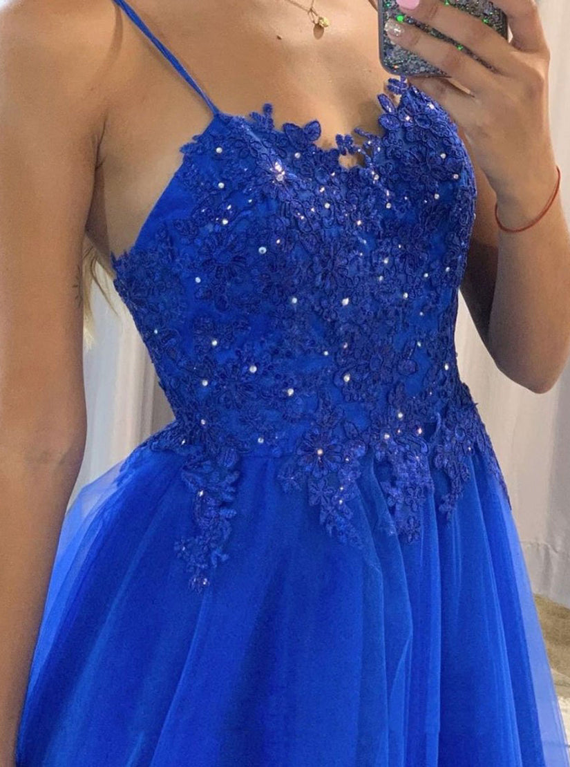 Blue Tulle Lace Long Prom Dress, Blue A-line Tulle Evening Dress