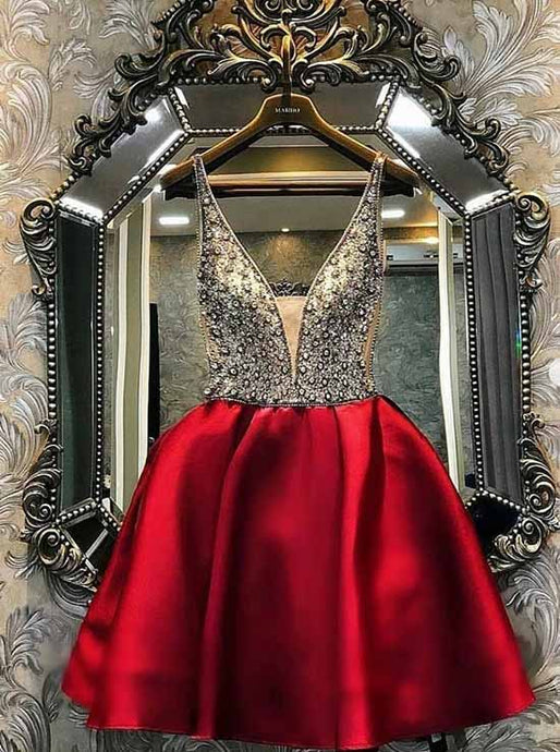 V-neck Burgundy Homecoming Dress Beaded Bodice Short Prom Dress OM404