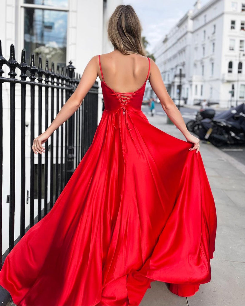 A-line Backless Red Long Sexy Prom Dress