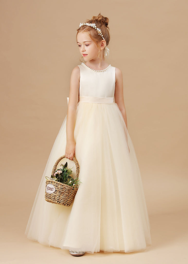 Sleeveless Satin Tulle Champagne Flower Girl Dress
