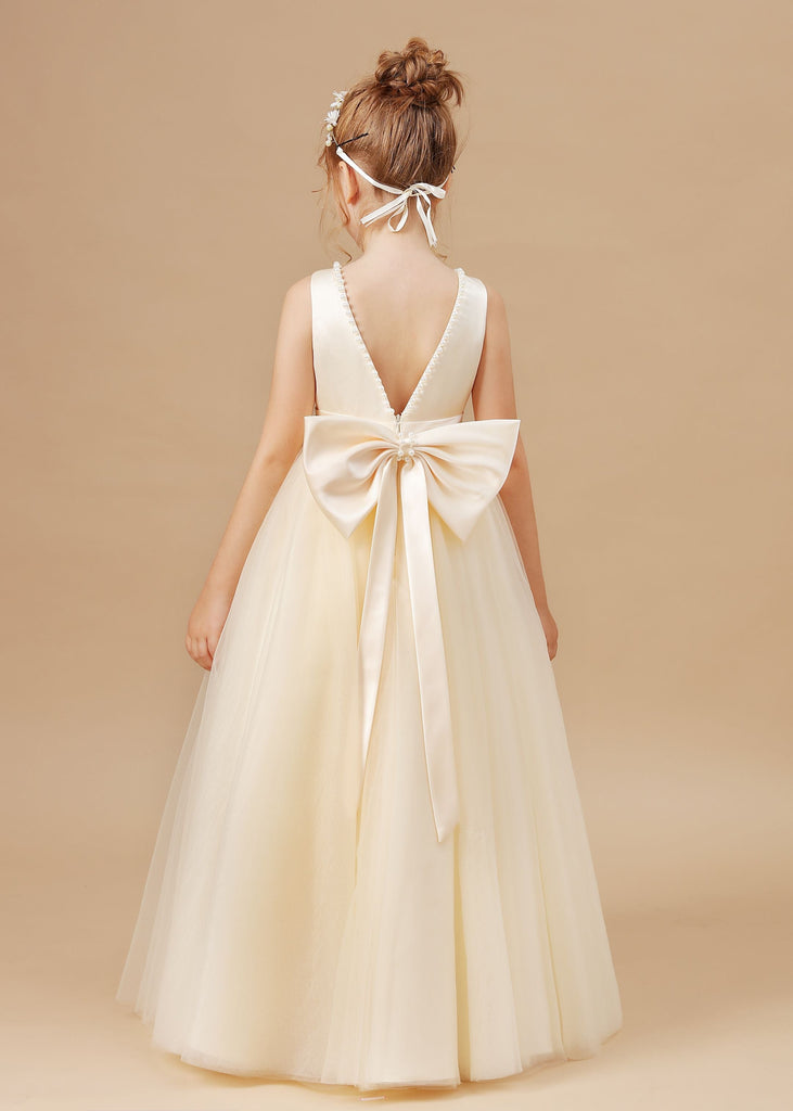 Sleeveless Satin Tulle Champagne Flower Girl Dress