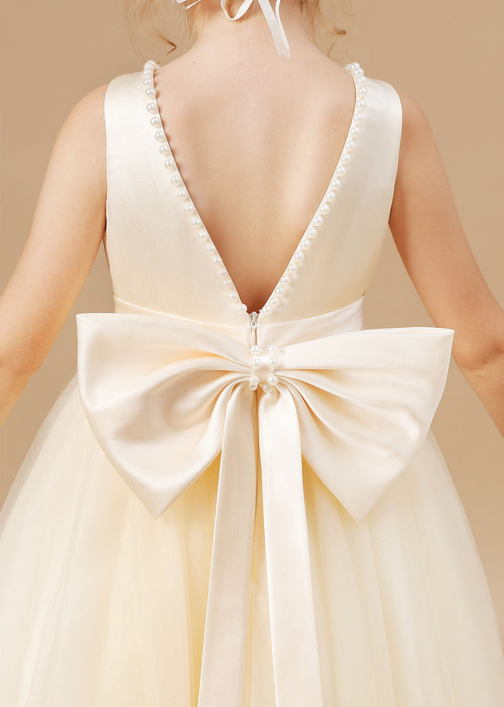 Sleeveless Satin Tulle Champagne Flower Girl Dress